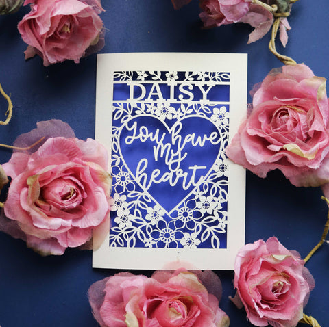 A personalised laser cut Valentine's card that says "You have my heart" - A5 / Infra Violet