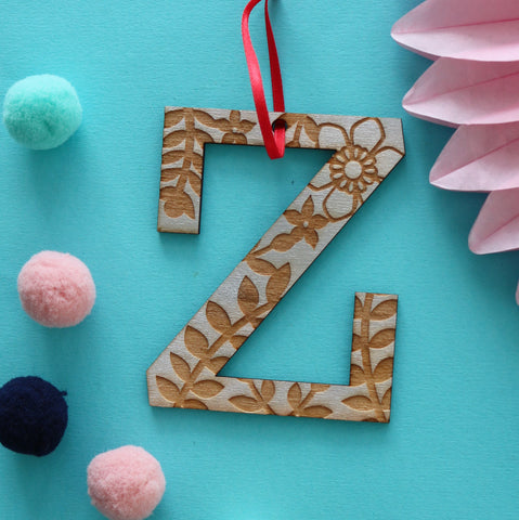 Assorted Letter Z Wooden Engraved Hanging Decorations - 3mm silver floral