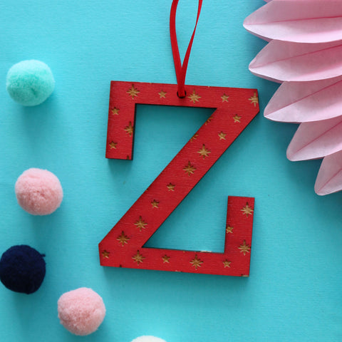 Assorted Letter Z Wooden Engraved Hanging Decorations - 6mm red stars