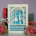 Personalised 1st Valentine's Day Card featuring laser cut couple making a heart with their hands, and the words "Our First Valentines Day as Mr & Mrs Foster"