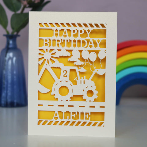 Personalised Papercut Digger Birthday Card - A6 (small) / Sunshine Yellow