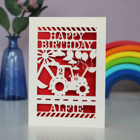 Personalised Papercut Digger Birthday Card - A6 (small) / Bright Red
