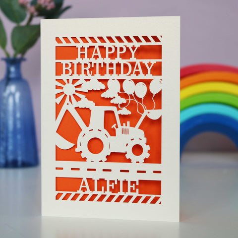 Personalised Papercut Digger Birthday Card - A6 (small) / Orange