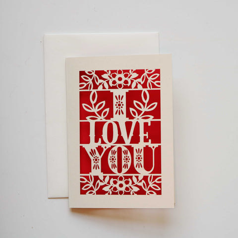 Papercut I Love You Card, Laser cut in cream and bright red - 