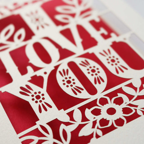 Papercut I Love You Card, Laser cut in cream and bright red - 