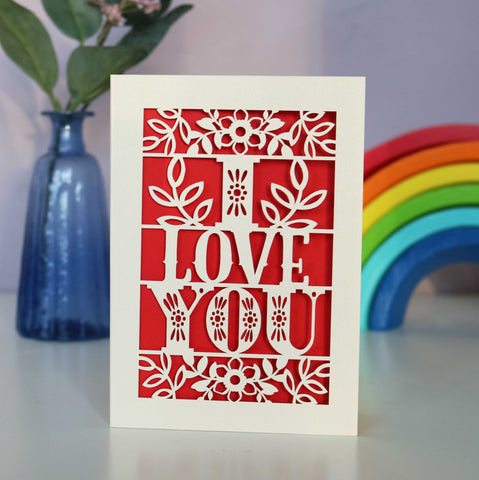 Papercut I Love You Card, Laser cut in cream and bright red