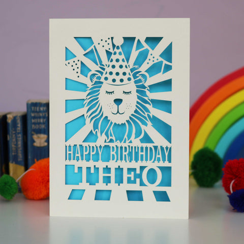 Personalised Papercut Lion Birthday Card - A6 (small) / Peacock Blue
