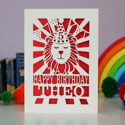 Personalised Papercut Lion Birthday Card - A6 (small) / Bright Red