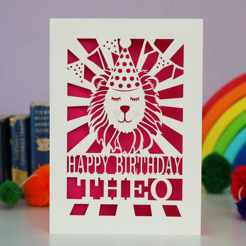 Personalised Papercut Lion Birthday Card - A6 (small) / Shocking Pink
