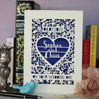 A laser cut wedding card for your favourite people. Personalised with names and date, it's a card to keep and frame. 