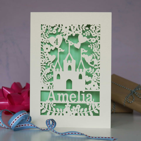 If you're still reading these descriptions, I salute you. This is a laser cut birthday card for anyone that likes castles. Perhaps an archaeologist. Or historian. This one has a light green paper insert and the name "Amelia" on it (what a surprise!)  - A5 / Light Green