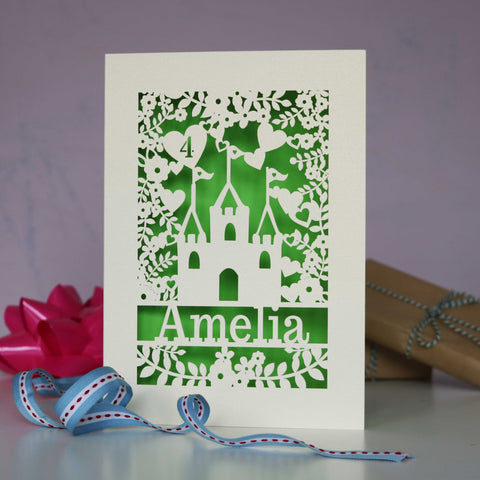 A unique birthday card for her, showing a princess castle and a name and age. Castle is surrounded by flowers and hearts.  - A5 / Bright Green