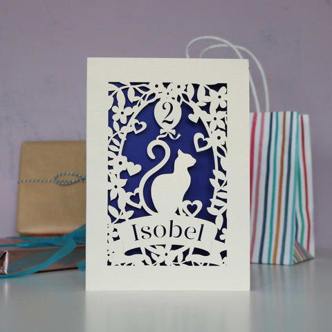 Laser cut cat birthday card for all your cat loving friends. Cut from cream card and finished with a dark blue insert paper. Personalise with a name and their age. - A6 (small); / Infra Violet