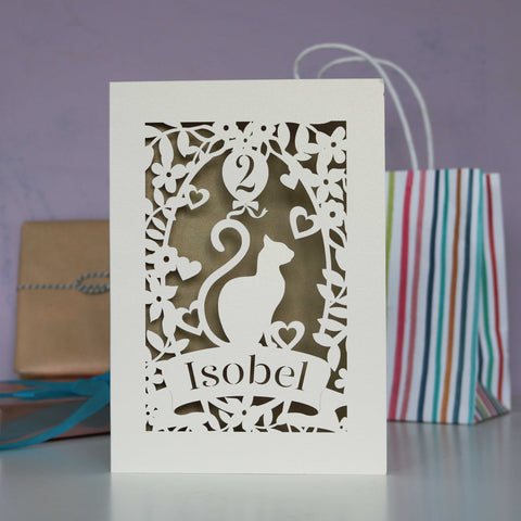 Gold and cream birthday card showing a cat with a balloon. Laser cut and personalised. - A6 (small); / Gold Leaf