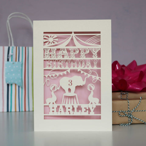 Sweet pink and cream circus themed card with elephant and seals . Personalised with name and age, great for kids. - A6 (small) / Candy Pink