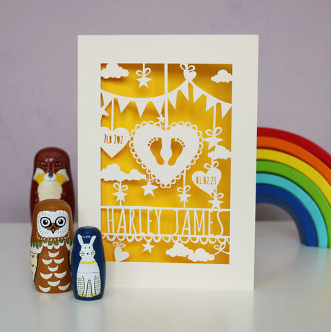 Personalised Papercut Baby Feet Card - A6 (small) / Sunshine Yellow