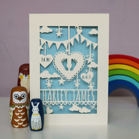 Personalised Papercut Baby Feet Card - A6 (small) / Light Blue