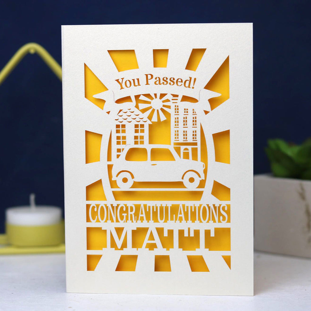 A personalised laser cut congratulations on passing your driving test card