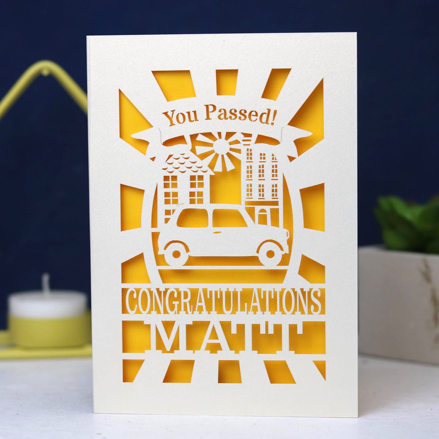 A personalised laser cut congratulations on passing your driving test card