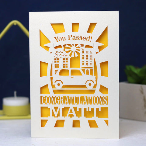 A personalised laser cut congratulations on passing your driving test card - A6 (small) / Sunshine Yellow