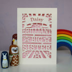 A laser cut personalised Big Sister card