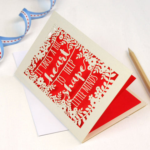 A cream and red laser cut thank you teacher end of term gift - A6 / Cream / Bright Red
