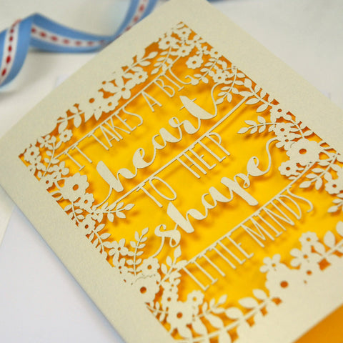 A close up detail of our laser cut cards for teachers - A6 / Cream / Sunshine Yellow