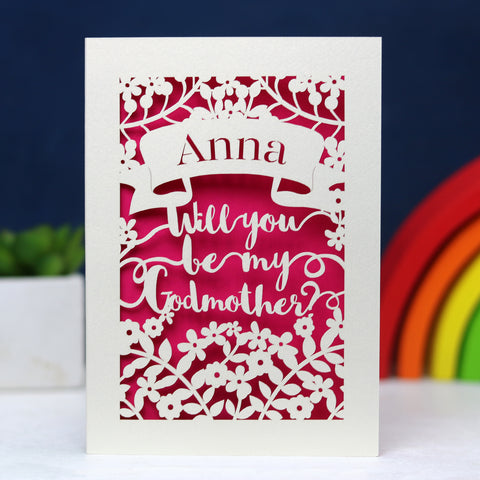 Personalised Papercut 'Be my Godmother?' Card - A6 (small) / Shocking Pink