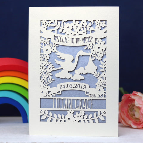 A "Welcome to the World" personalised card for new babies. This card is laser cut from cream card with a silver paper insert.  - A5 (large) / Silver