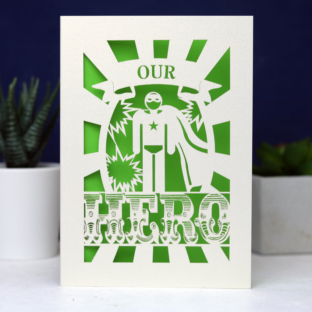 A laser cut Father's Day card from the UK. Our Hero