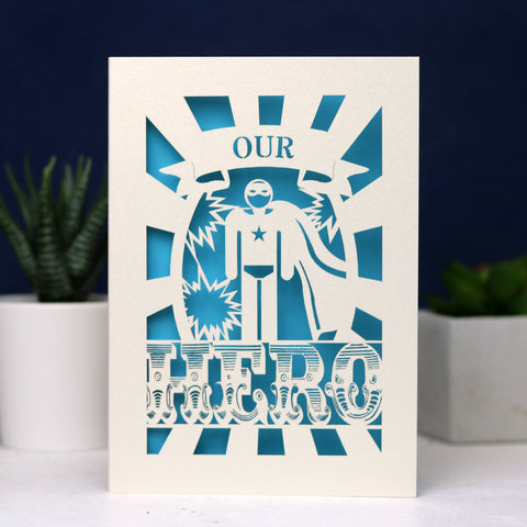 My or Our Hero Papercut Card - A6 (Small) / Peacock Blue / My Hero