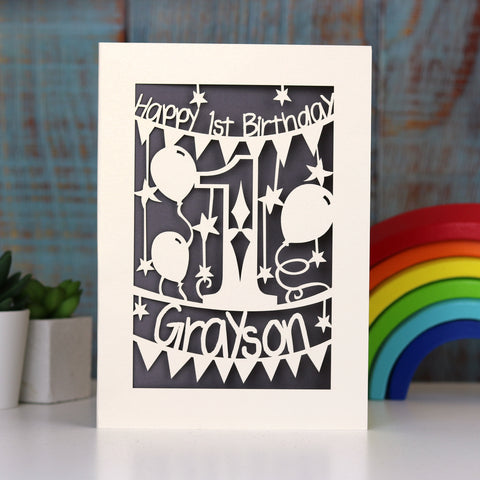 A Happy 1st Birthday card for son or daughter. Card is personalised and has a big number 1 in the centre. This card is cream and grey. - A5 (large) / Urban Grey