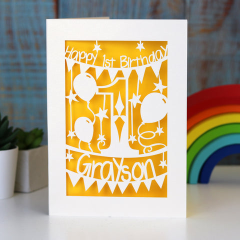 A laser cut card for a first birthday. This card is cream with a sunshine yellow paper insert.  - A5 (large) / Sunshine Yellow