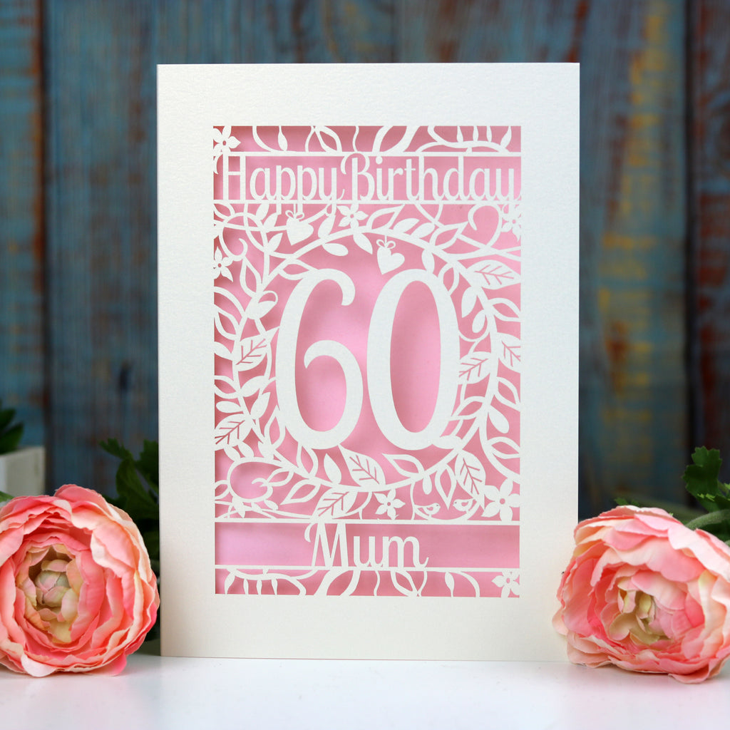 Botanical personalised paper cut birthday card with an age and a name.