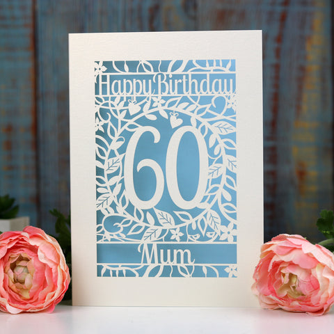 A laser cut floral Happy Birthday Card with an age and a name on it - A5 / Light Blue
