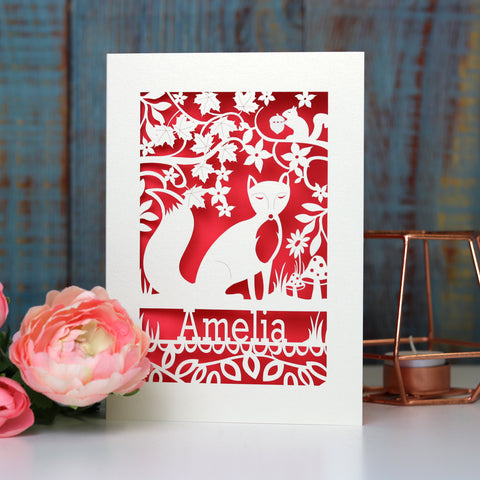 A woodland themed birthday card, laser cut and personalised. This card is cream with a red paper insert. - A5 (large) / Bright Red