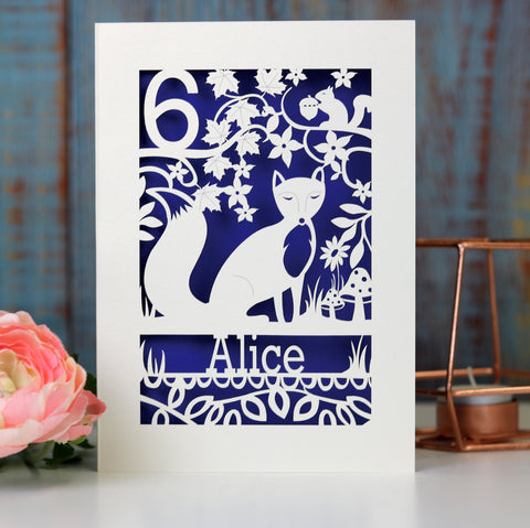 Personalised child's birthday card, laser cut from cream card with a violet paper insert. Card has a fox, tiny squirrel and toadstool details. - A5 (large) / Infra Violet