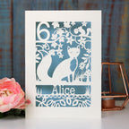 Children's fox birthday card. Laser cut card with a light blue paper insert. Card is personalised with a name and age