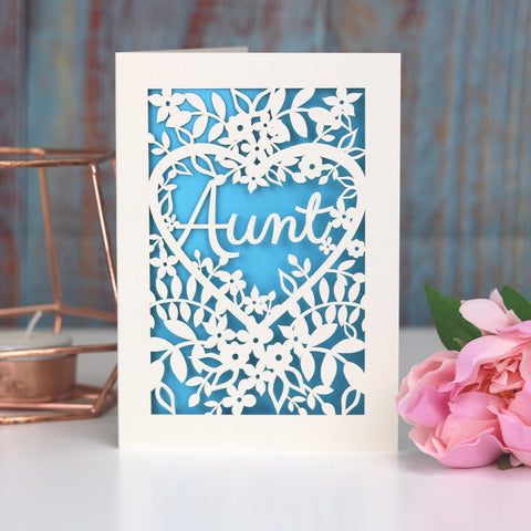 Papercut Aunt, Aunty or Auntie Card - A5 (large) / Peacock Blue / Aunt