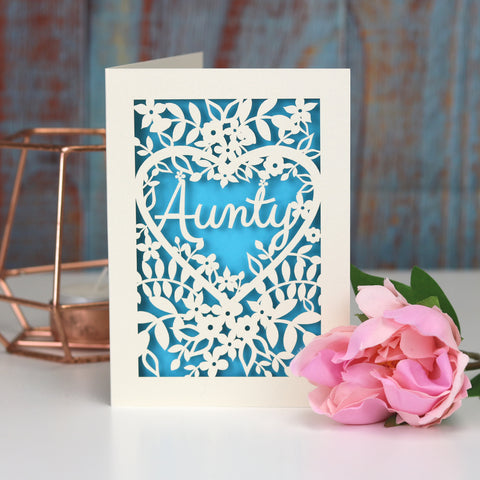 Papercut Aunt, Aunty or Auntie Card - A5 (large) / Peacock Blue / Aunty