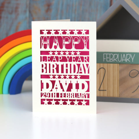 Leap Year Birthday Personalised Papercut Card - A5 (large) / Shocking Pink