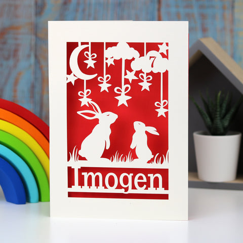 Papercut birthday cards for children. Personalised with a name and age, and showing bunnies looking at the moon. - A5 / Bright Red