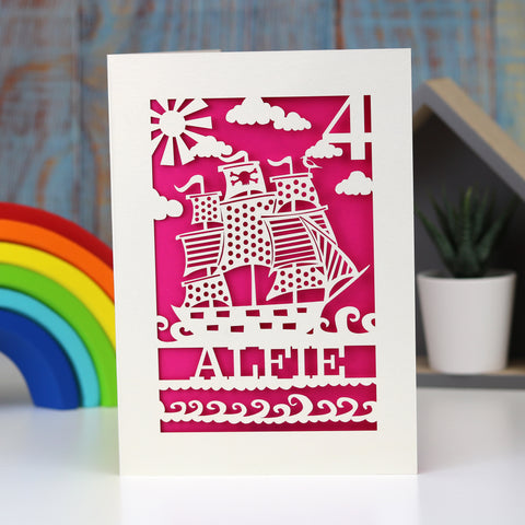 Personalised Papercut Pirate Birthday Card - A6 / Shocking Pink