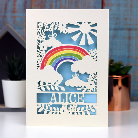 Personalised Papercut Rainbow Card - A6 (small) / Light Blue