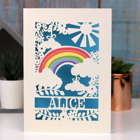 Personalised Papercut Rainbow Card - A6 (small) / Peacock Blue
