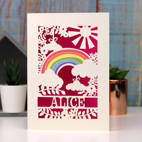 Personalised Papercut Rainbow Card - A6 (small) / Shocking Pink