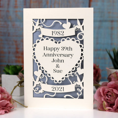 An anniversary card laser cut from cream card and personalised with anniversary details.  - A6 (small) / Silver
