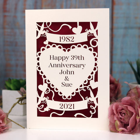 A cream and dark red anniversary card laser cut and personalised. - A6 (small) / Dark red