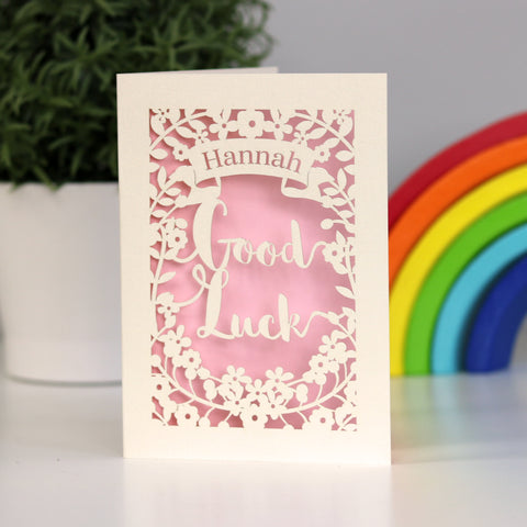 Personalised Good Luck papercut card, cut from cream card with a pale pink insert paper.   - A5 / Candy Pink