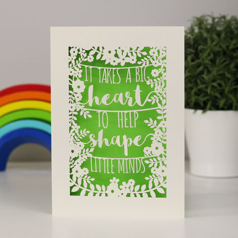 A thank you teacher card for teachers, nursery staff or childminders. Laser cut cream card with a green paper backing - A6 / Cream / Bright Green